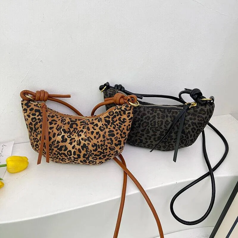 Trendy shoulder bags with fringe details for a bohemian-inspired look -Leopard Crescent Shoulder Bags Small Soft Fabric Zipper String Strap Women Bags