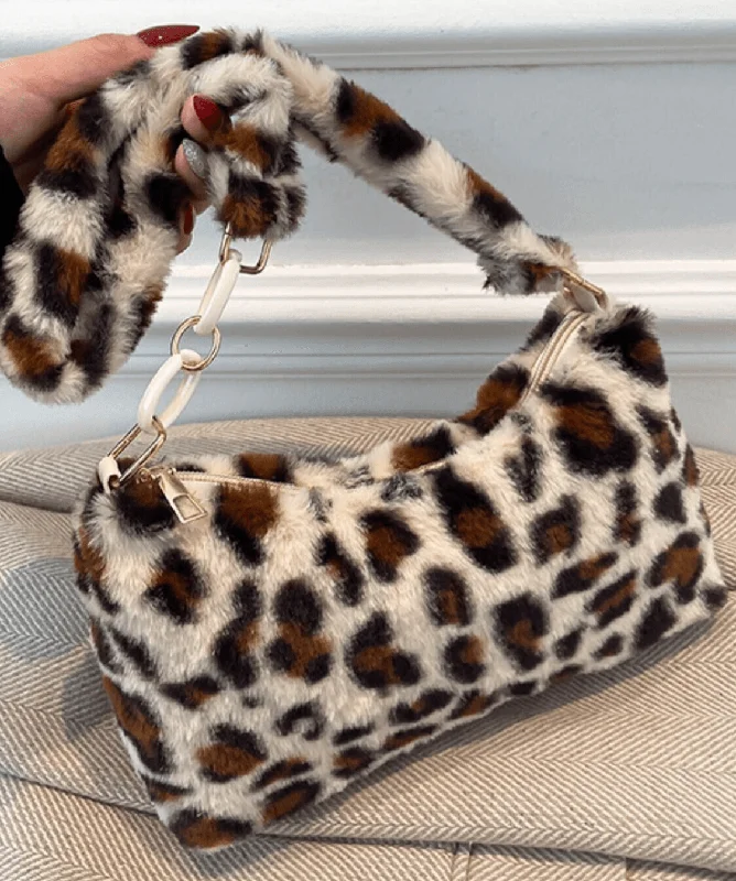 Chic shoulder bags with studded details for an edgy, rocker-inspired look -Leopard Faux Fur Fluff Shoulder Bag Half Chain Strap Zipper Women's Small Purses