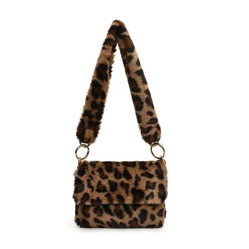 Shoulder bags with sleek, modern designs for a sophisticated, minimalist style -Leopard Faux Fur Small Shoulder Bags Women Flap Zip Soft Crossbody Purses