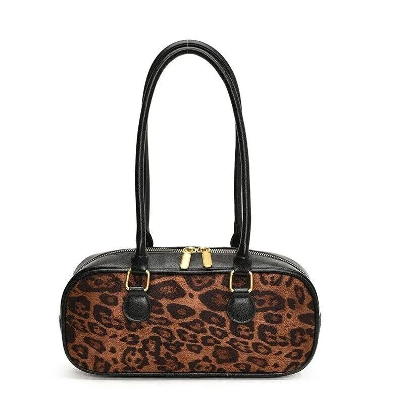 Soft leather shoulder bags with unique stitching patterns for added texture -Leopard Shoulder Bags Nubuck Leather Zipper Medium Women Tote Handbags