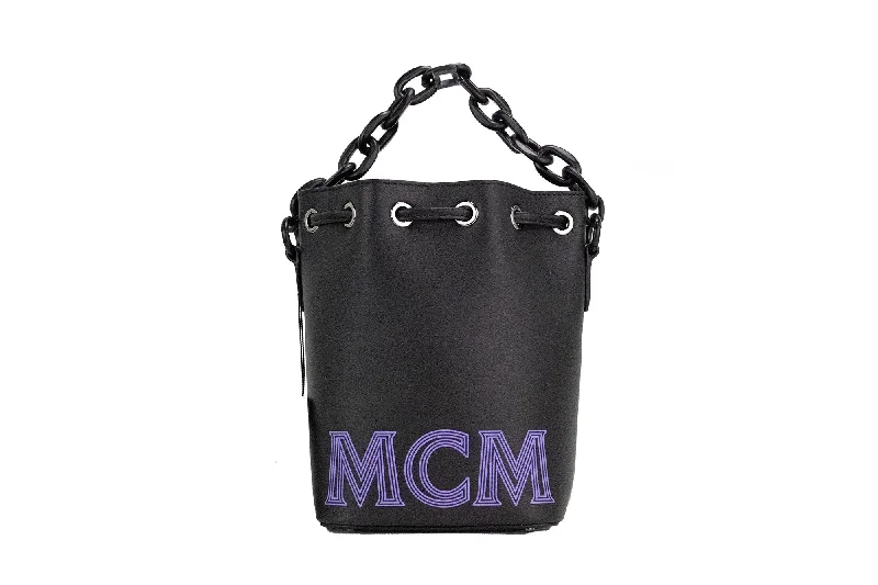 Sustainable Tote Bags for Green Choice-MCM Mini Black Purple Smooth Leather Chain Shoulder Drawstring Bucket Handbag