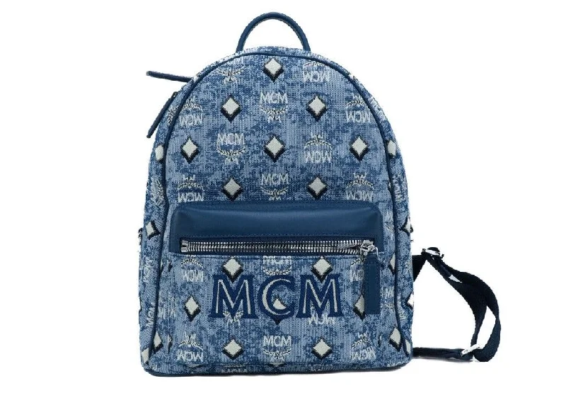 Fashion Backpack for Trendy Style-MCM Stark Small Blue Vintage Jacquard Monogram Logo Fabric Backpack Bookbag