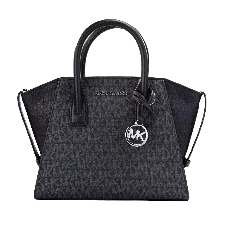 Long-Handle Tote Bags for Shoulder Wear-Michael Kors Avril Small Black PVC Leather Top Zip Satchel Crossbody Bag Purse