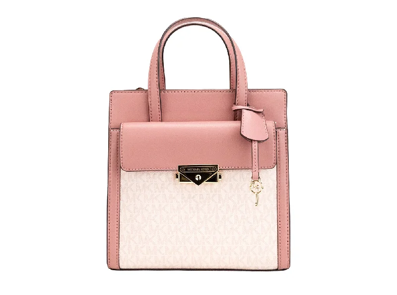 Compact Tote Bags for Essentials Only-Michael Kors Cece Small Pink PVC North South Flap Tote Crossbody Bag Purse