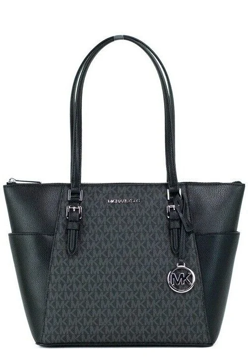 Tote Bags for Photographers-Michael Kors Charlotte Black PVC Leather Large Top Zip Tote Handbag Bag Purse