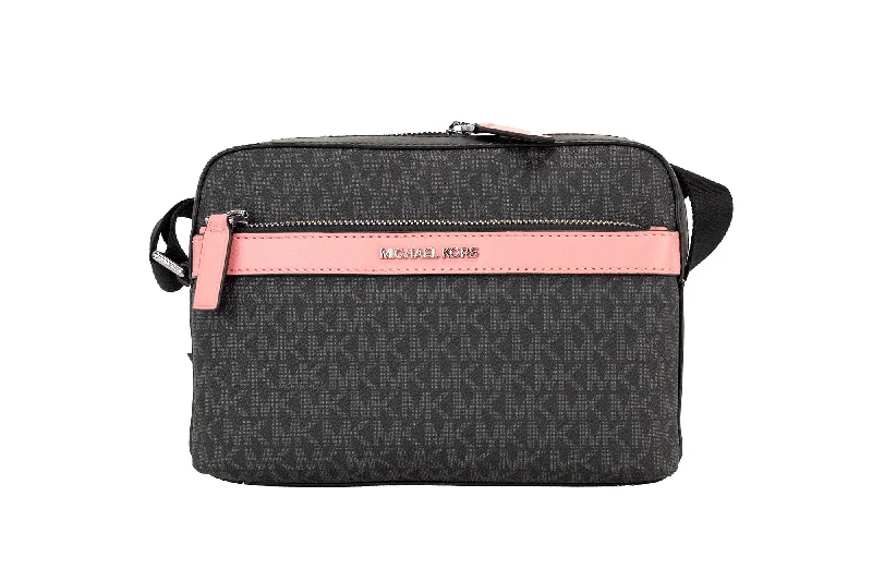 Matte-Finish Tote Bags for Subtle Look-Michael Kors Cooper Small Black Pink Signature PVC Utility Crossbody Bag