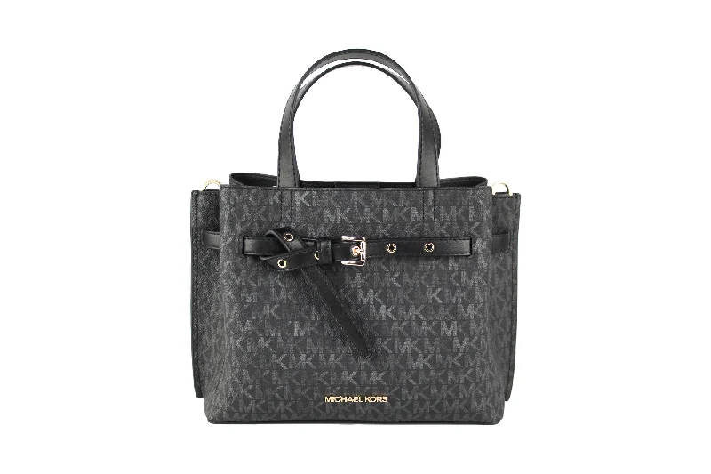 Diamond-Handle Tote Bags for Extravagant-Michael Kors Emilia Small Black Signature PVC Satchel Crossbody Handbag Purse