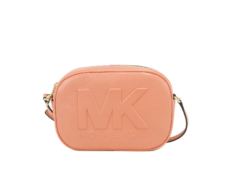 Suede-Handle Tote Bags for Soft Touch-Michael Kors Jet Set Travel Medium Sherbert Leather Oval Camera Crossbody Bag