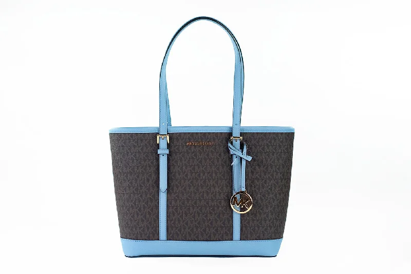 Heart-Shaped Tote Bags for Romantic-Michael Kors Jet Set Travel Small Pale Blue Brown PVC Shoulder Tote Bag Purse