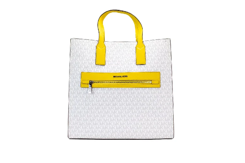 Textured-Handle Tote Bags for Interest-Michael Kors Kenly Large Signature Citrus PVC North South Tote Computer Handbag