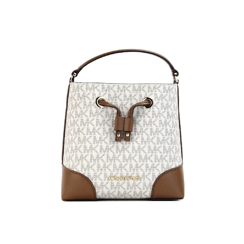 Adjustable-Handle Tote Bags for Custom Fit-Michael Kors Mercer Small Vanilla Signature Leather Bucket Crossbody Bag