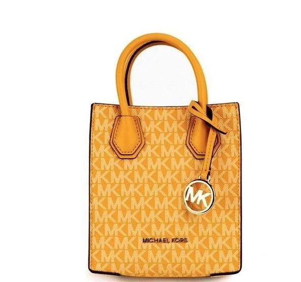 Vintage Tote Bags with Retro Charm-Michael Kors Mercer XS Honeycomb Gold Signature PVC North South Shopper Crossbody Bag