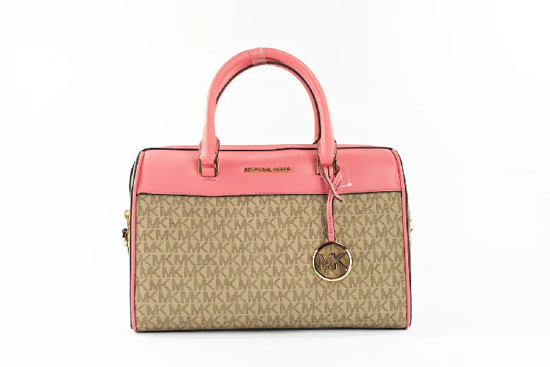 Insulated Tote Bags for Food Storage-Michael Kors Travel Medium Tea Rose Signature PVC Duffle Crossbody Bag Purse