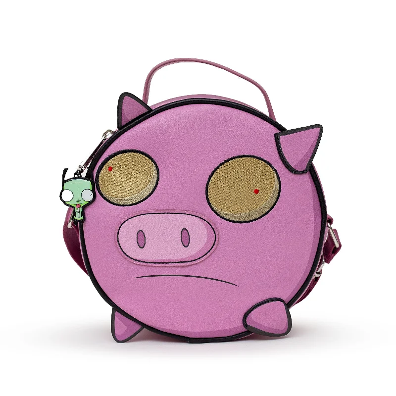 Tote Bags for Business Trips-Nickelodeon Bag, Cross Body, Round, Invader Zim Piggy Close Up Applique with Embroidery, Pink, Vegan Leather