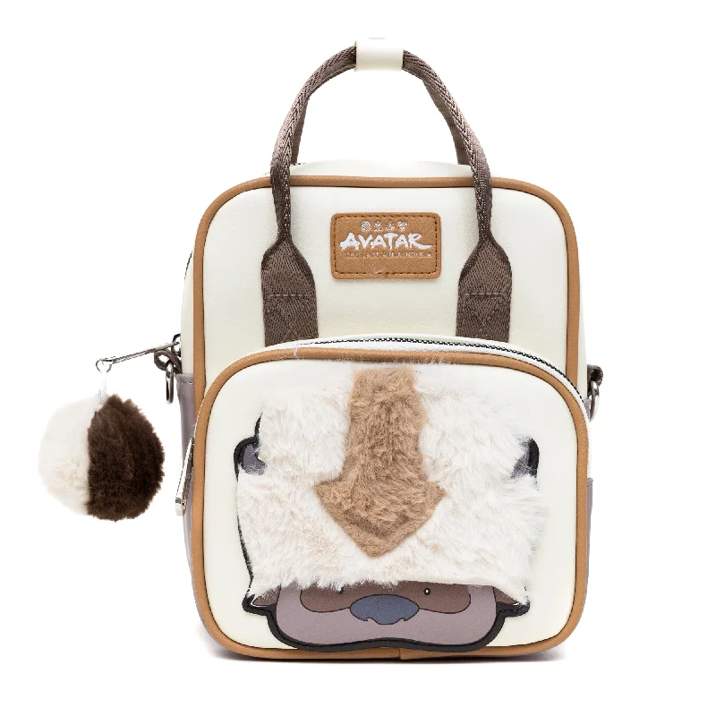 Diamond-Strap Backpack for Extravagant-Nickelodeon Vegan Leather Cross Body Backpack for Men and Women with Adjustable Strap, Avatar Appa Furry Face and YIP! YIP! Text Debossed Tan