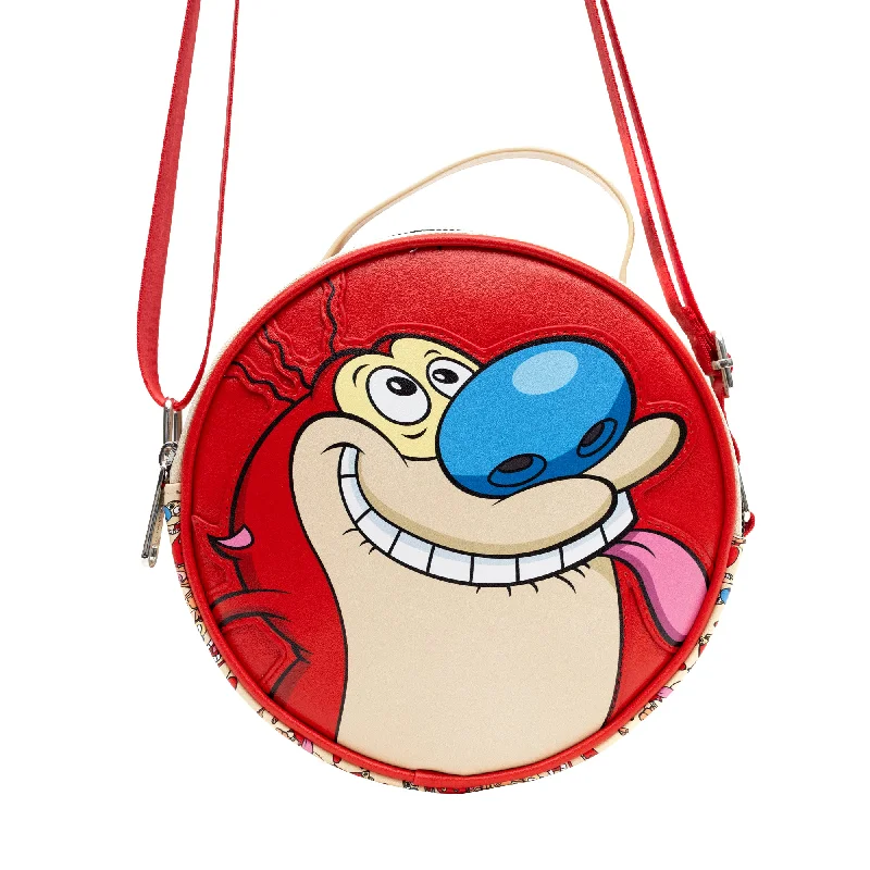 Neutral-Handle Tote Bags for Versatile Use-Nickelodeon Vegan Leather Round Crossbody Bag with Adjustable Straps, Ren and Stimpy Character Face Close Up Appliques, Red Beige