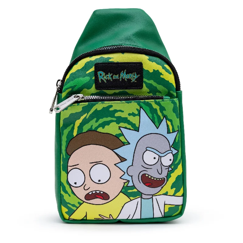 Beach Tote Bags with Towel Pocket-Rick and Morty Bag, Sling, Rick and Morty Get Schwifty Portal Pose Greens, Bounding, Vegan Leather