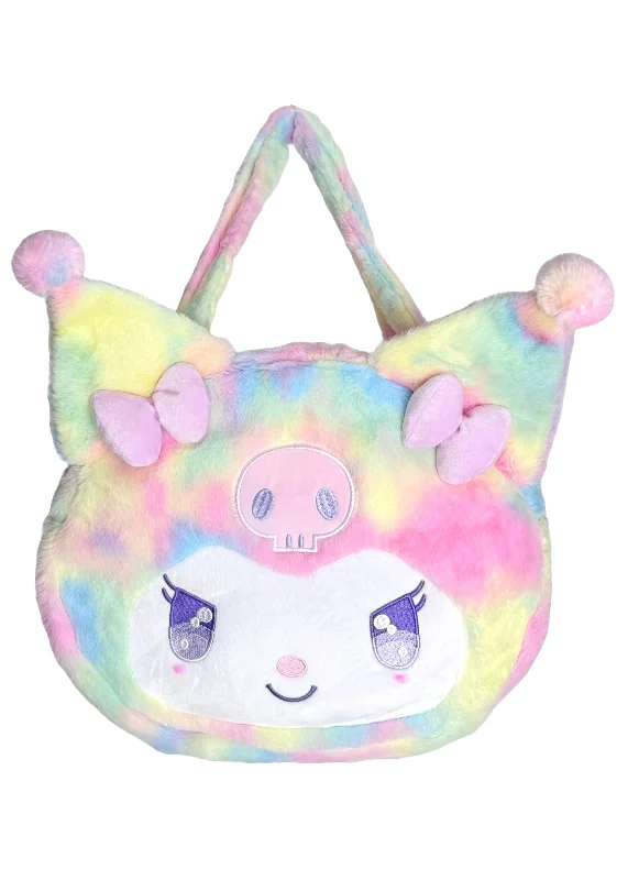 Pearl-Handle Tote Bags for Elegant Look-Sanrio Kuromi Pastel Rainbow Anime Eyes Plush Tote