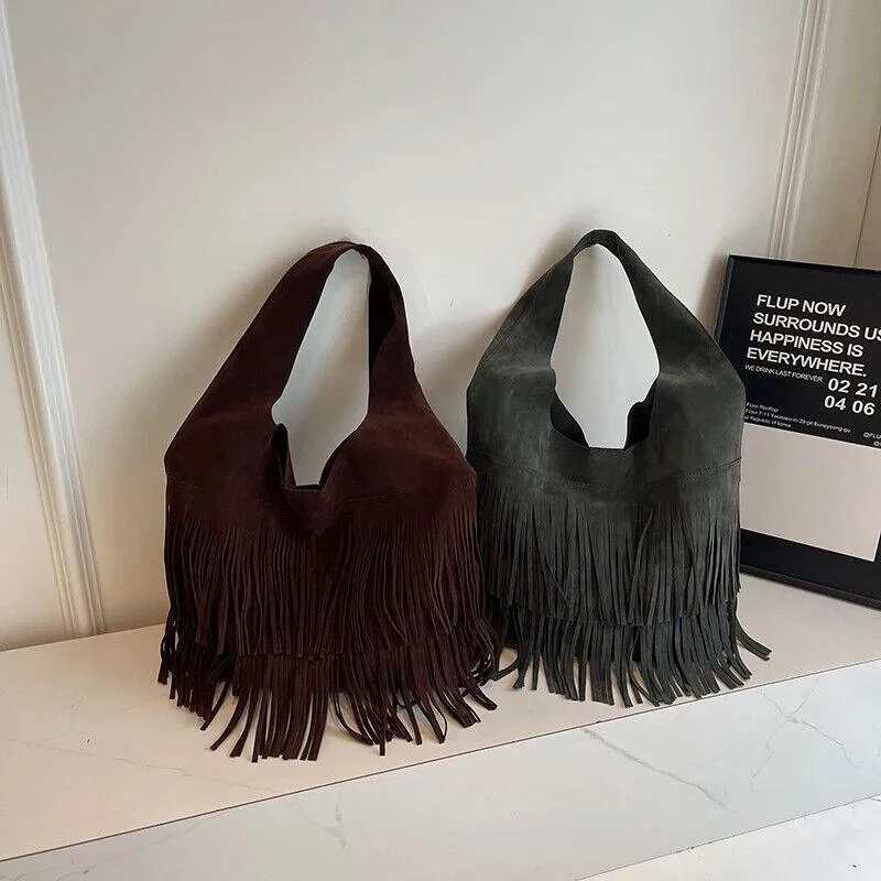 Soft leather shoulder bags with unique stitching patterns for added texture -Shoulder Bags Nubuck Suede Leather Women's Large 2 in 1 Snap Tassel Handbags