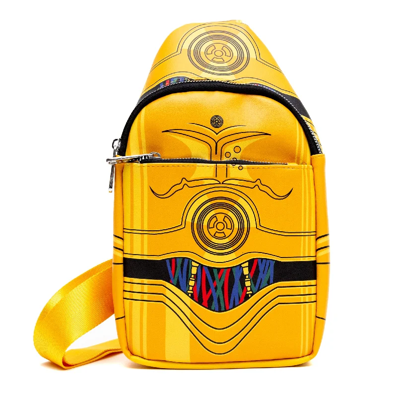 Hypoallergenic Tote Bags for Sensitive Skin-Star Wars Vegan Leather Crossbody Sling Bag with Adjustable Straps, C-3PO, Bounding, Yellow