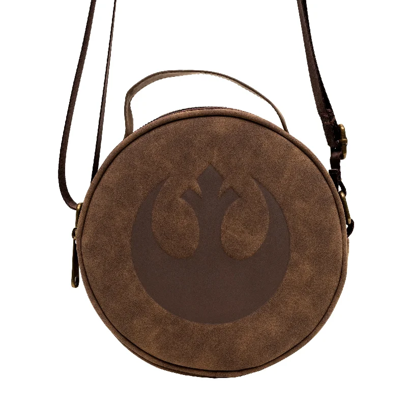 Woven Tote Bags for Intricate Design-Star Wars Vegan Leather Round Crossbody Bag with Adjustable Straps, Rebel Alliance Insignia Emblem Debossed, Brown