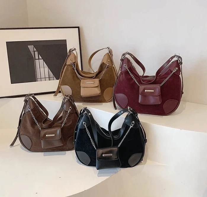 Spacious shoulder bags for travel with plenty of room for essentials -Suede Leather Women Shoulder Bags Large Zipper with Chain Mini Wallet Handbags