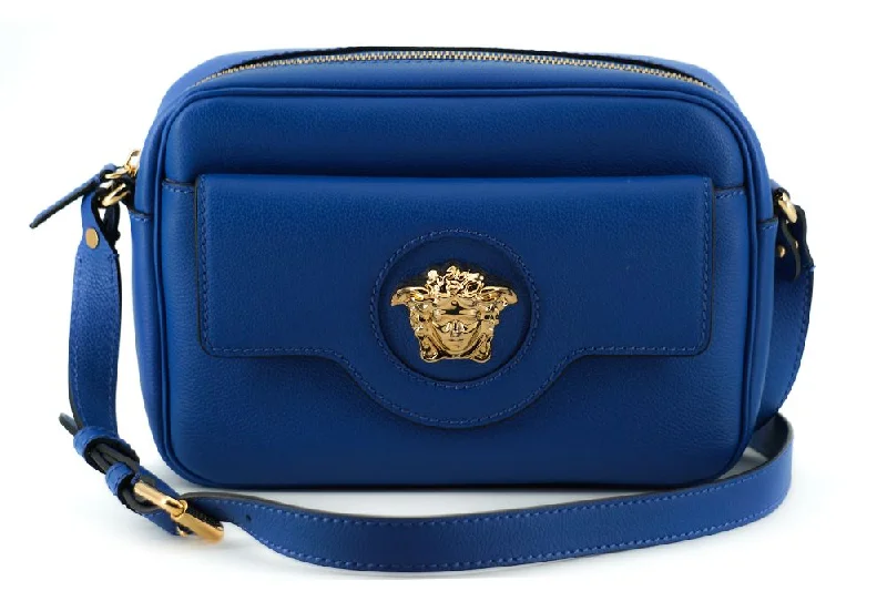 Foldable Tote Bags for Space-Saving-Versace Elegant Blue Calf Leather Camera Case Bag