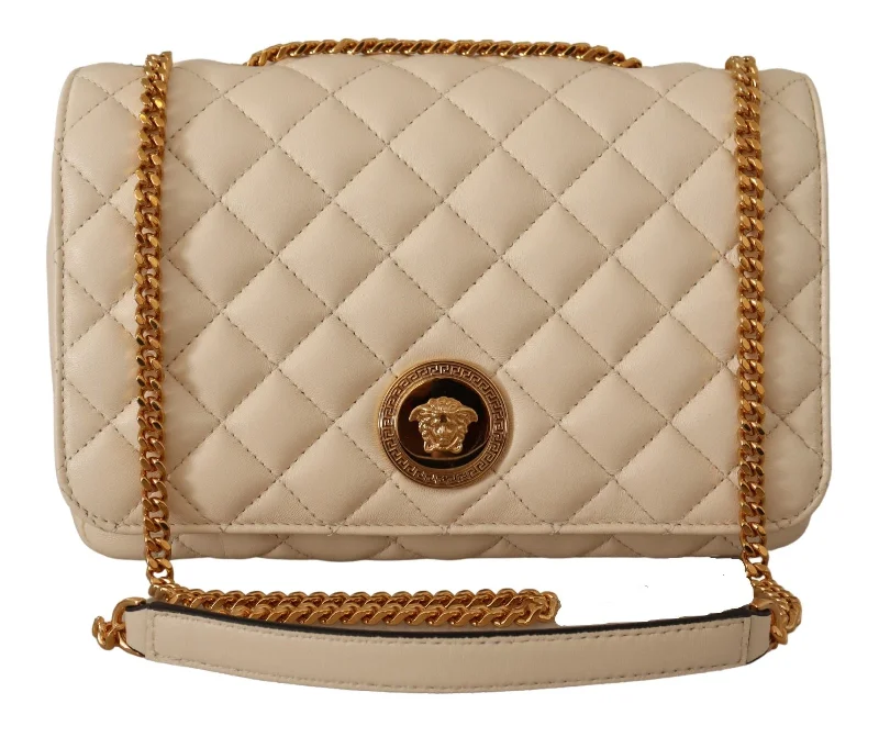 Geometric Tote Bags for Modern Design-Versace Elegant White Nappa Leather Shoulder Bag