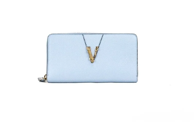 Handheld Tote Bags for Classic Look-Versace Large Cornflower Grainy Leather Gold Monogram Zip Around Clutch Wallet