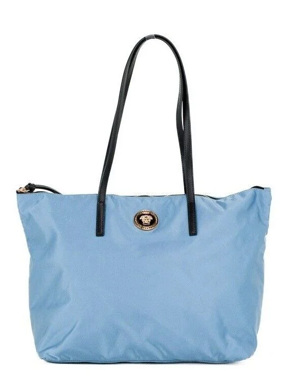 Maximalist Tote Bags for Bold Statement-Versace Portuna Medusa Medium Cornflower Blue Nylon Leather Tote Bag Purse