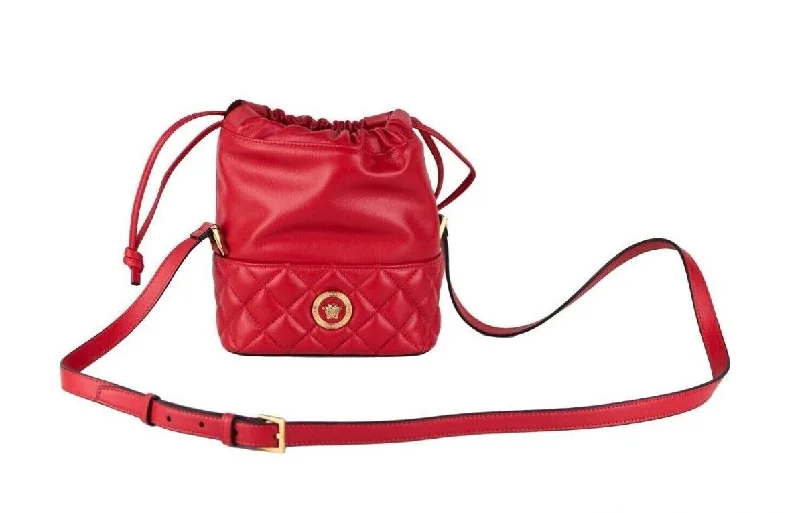 Structured Tote Bags for Formal Use-Versace Red Quilted Leather Drawstring Shoulder Bag Bucket Crossbody Handbag