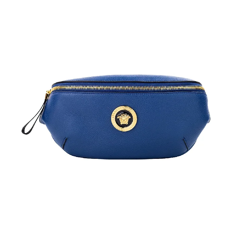 Floral Tote Bags for Feminine Touch-Versace Small Navy Calf Leather Medusa Pendant Fanny Waist Pack Belt Bag