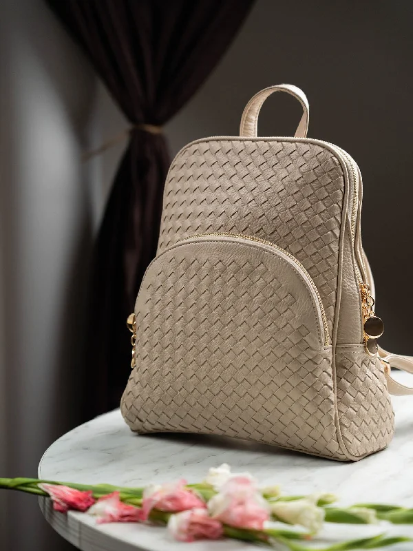 Foldable Backpack for Space-Saving-Women Beige Textured Backpack Cum Handbag