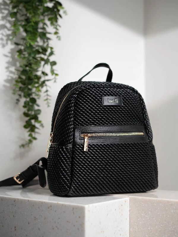 Exotic-Skin Backpack for Luxury Appeal-Women Black Textured Mini Backpack With Quilted Detailing