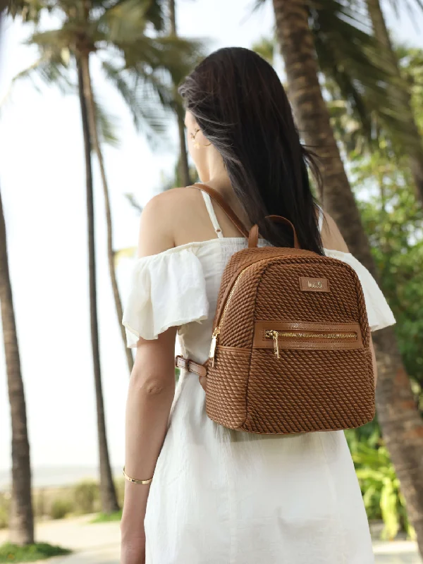 Suede-Strap Backpack for Soft Touch-Women Tan Textured Mini Backpack With Quilted Detailing