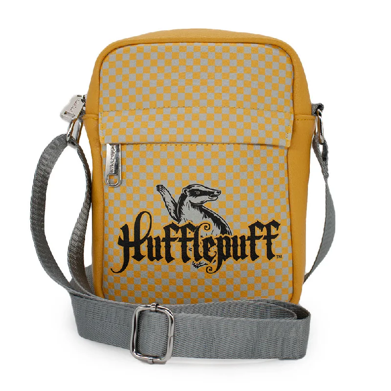 Compartmentalized Tote Bags for Storage-Women's Crossbody Wallet - Harry Potter HUFFLEPUFF Badger Icon Checker Yellow Gray