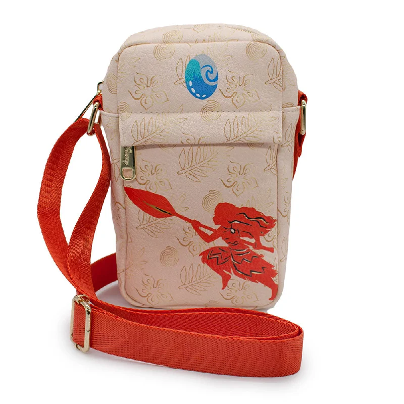 Designer Tote Bags for High-End Look-Women's Crossbody Wallet - Moana Paddle Pose Silhouette and Floral Icons Beige Orange