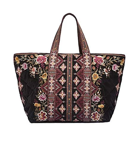 Handle bags with a mix of textures like leather and fabric for bold appeal -3J Workshop Johnny Was Embroidered Velvet Quilted Tote Bag black NEW