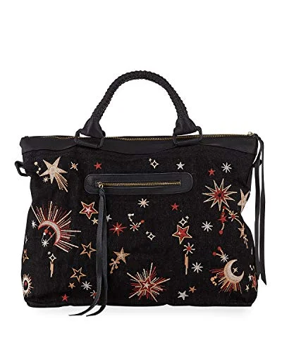 Trendy handle bags with playful fringe details for a boho-chic style statement -Johnny Was Telesto Embroidered Weekender Bag Leather Galaxy Handbag Purse Black NEW