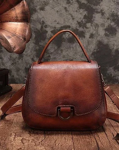 Small handle bags with leather straps for a minimalist yet chic look -Vintage Womens Brown Leather Small Handbag Shoulder Bag Dome Satchel Purse Bag for Ladies