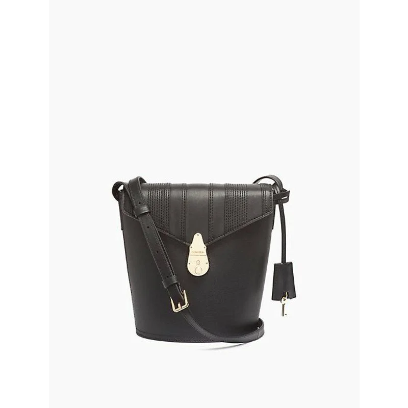 Elegant handle bags with unique, hand-stitched detailing for personalized style -CALVIN KLEIN LOCK BUCKET CROSSBODY, LINEAR QUILTED, BLACK LEATHER