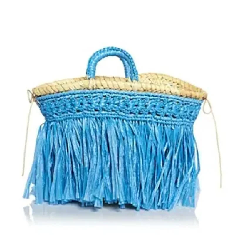 Fashionable handle bags for women with contrasting textures and materials for uniqueness -CATERINA BERTINI FRINGE MINI TOTE BLUE