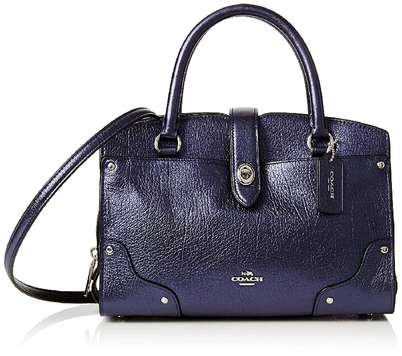 Handle bags for weekend getaways with spacious compartments and practical features -Coach Mercer Satchel 24 Grain Leather Metallic Navy Blue Bag New