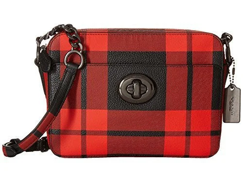 Handle bags with a mix of textures like leather and fabric for bold appeal -COACH Plaid Turnlock Camera Bag Messenger 36032