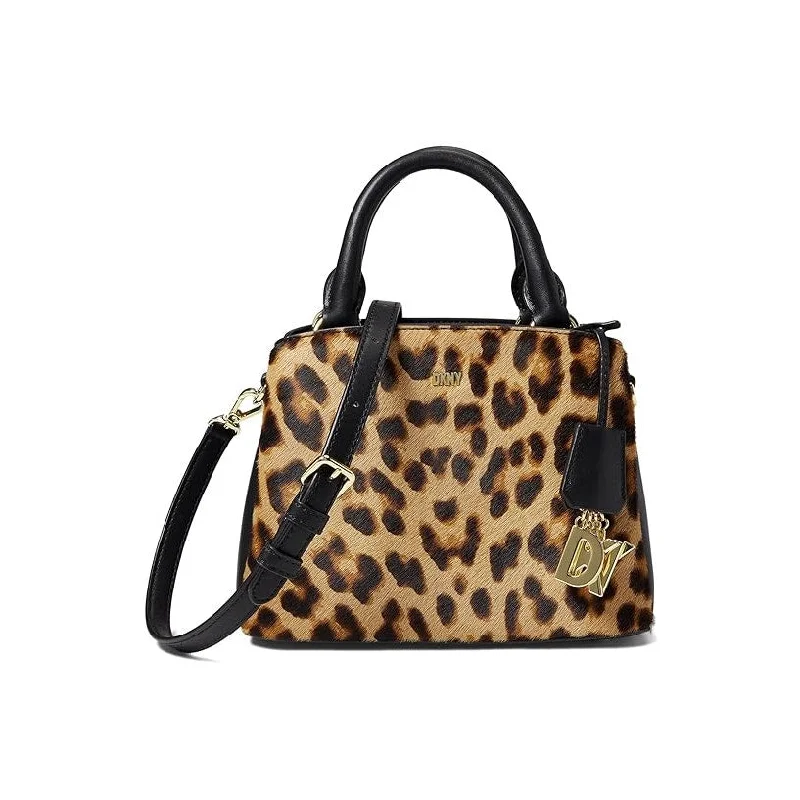 Premium handle bags for women with high-quality stitching and attention to detail -DKNY Brown & Black Leopard Print Haircalf Satchel Bag, Gold Hardware