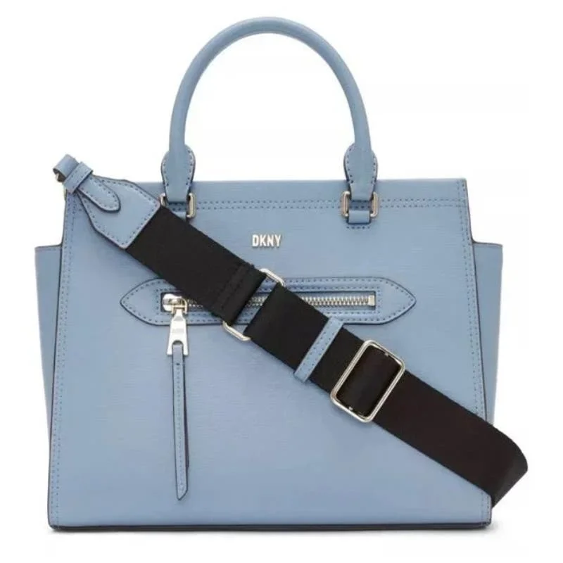 Handle bags with interior zippered pockets for extra storage and security -DKNY Chelsea Web Strap Shoulder Satchel Blue