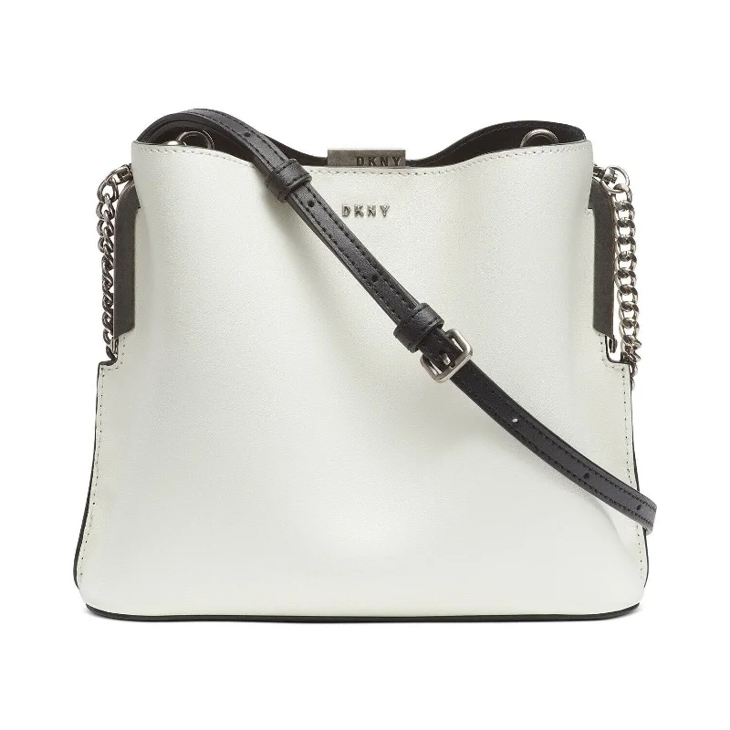 Lightweight handle bags with bright, bold colors for a cheerful, fun look -DKNY FARRAH LEATHER BUCKET BAG, WHITE FRONT BLACK BACK SNAP CLOSURE