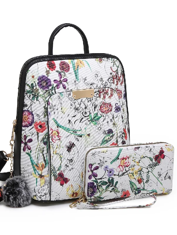 Foldable Backpack for Space-Saving-Flower Power Backpack and Satchel Set in White