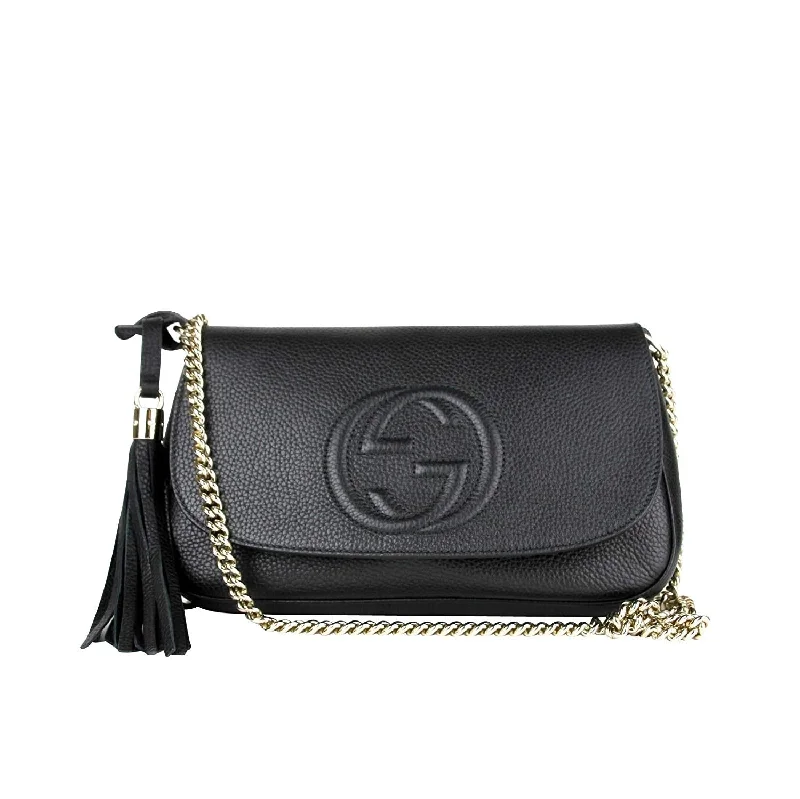 Affordable handle bags for students with multiple pockets and stylish appeal -Gucci Interlocking GG Black Leather Chain Strap Flap Shoulder Bag 336752 1000