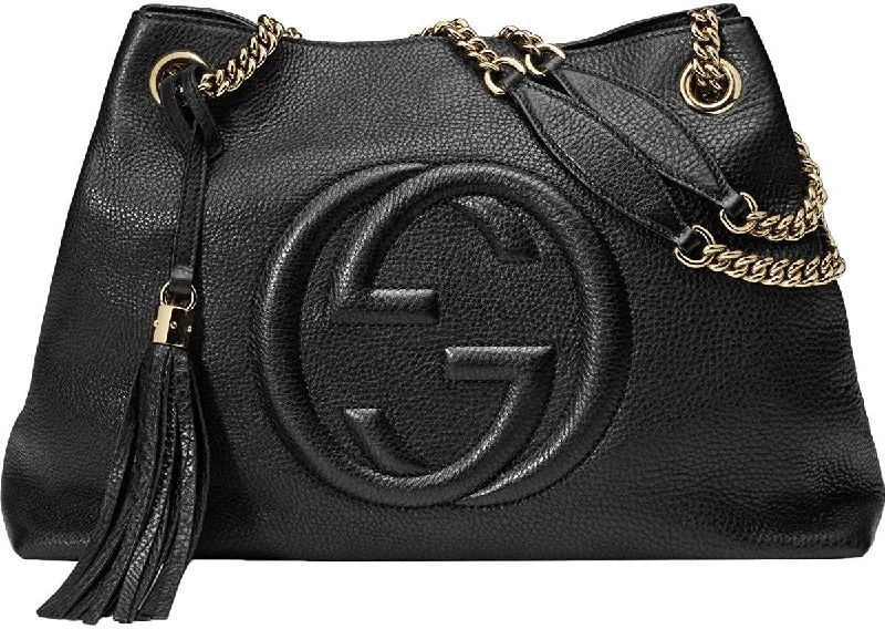 Designer handle bags for women with exotic leather finishes and premium quality -Gucci Soho Leather Silver Chain Shoulder Handbag Black Bag NEW